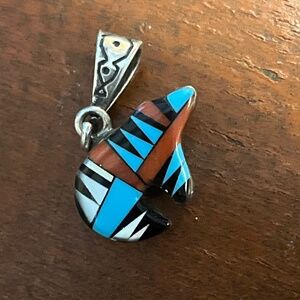 Reversible Vintage Navajo Running Horse MultiStone Inlay Sterling Silver Pendant